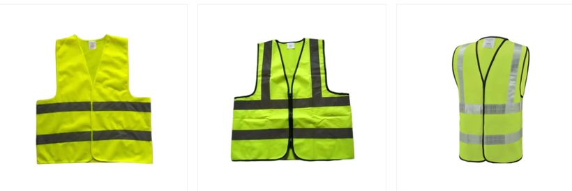 Three reflective safety vest styles showing fluorescent fabric and retroreflective tape bands